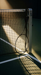 Lone tennis racket casting a shadow on a sunlit court by the net post