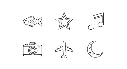 Fototapeta premium Creative Doodles of Fish, Stars, Music, Camera, Airplane, and Moon in Fun Illustrations for Arts and Crafts Projects