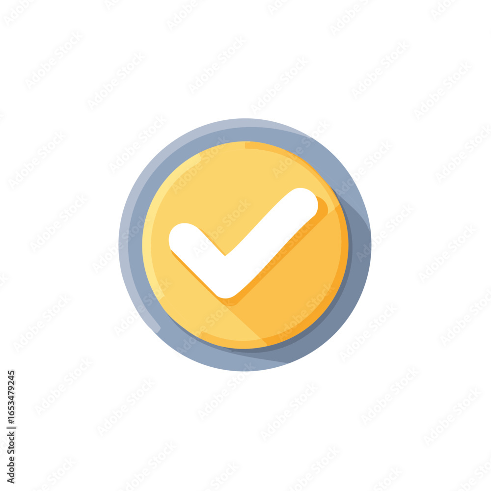 Poster modern check mark icon on round badge. white tick sign symbol in yellow circle with blue border. min