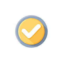 Modern Check Mark Icon on Round Badge. White Tick Sign Symbol in Yellow Circle with Blue Border. Minimalist Flat Vector Style.