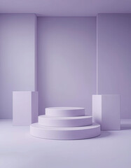 Fototapeta premium Modern pastel purple 3D podium stage with minimal geometric blocks and clean abstract background for product showcase, branding mockup, cosmetic template, and creative graphic resource design 
