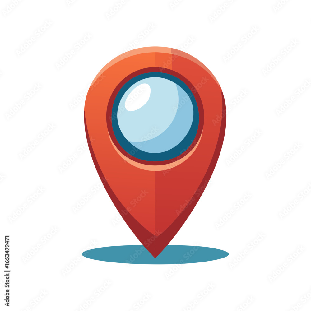 Poster stylized red location pin icon with blue circle and shadow, representing map location.