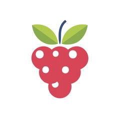Stylized red raspberry with green leaves and a dark blue stem