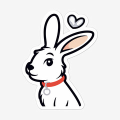 Cute cartoon rabbit with red collar and heart isolated on white background, a lovely pet animal illustration for sticker or graphic design