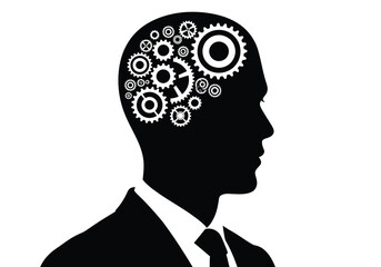 Silhouette of a man's head filled with gears, representing the intricate workings of the mind, innovation, and mechanical thought processes in a stylized graphic.