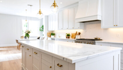 Bright Modern Kitchen Island with White Cabinets, Marble Countertop, and Gold Hardware.