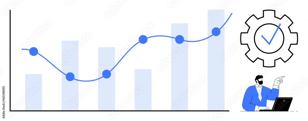 Poster rising bar and line graph with data points showing progress, gear with checkmark symbolizing success