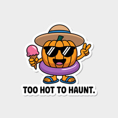 Cartoon pumpkin with sunglasses, hat, and swim ring holding ice cream isolated on white background, perfect for summer or halloween themed designs
