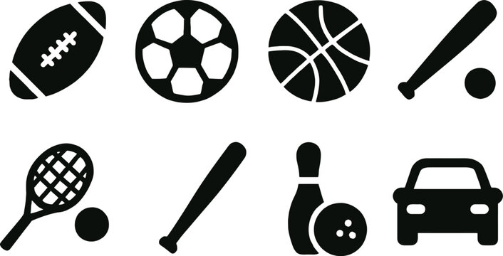 Collection of various sport icons, including football, soccer, basketball, baseball, tennis, bowling, and a car, all presented in a black and white silhouette style for diverse design applications.