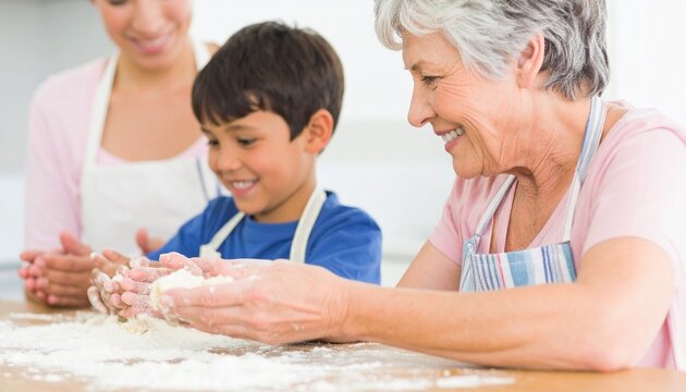 Grandmother, mother, and grandson joyfully bake together, flour dusting their hands and creating a happy family moment in the kitchen.