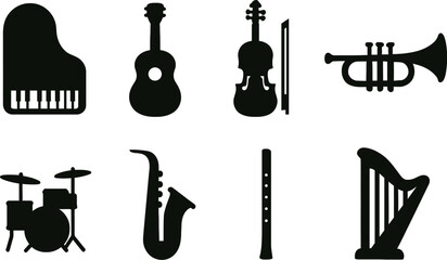 Collection of Musical Instrument Silhouettes Piano, Guitar, Violin, Trumpet, Drum Set, Saxophone, Flute, and Harp Icons for Music and Entertainment Concepts