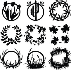 Botanical Ring Silhouette – Elegant Nature Icon Set Floral Botanical Ring Silhouette – Decorative Plant Icon Collection
