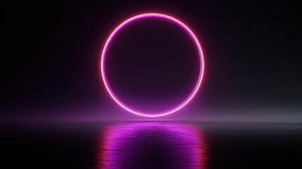 Obraz premium Glowing pink neon oval portal reflecting on a dark wet surface