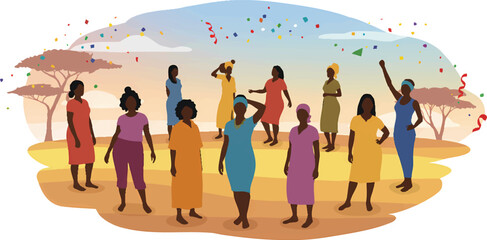 Diverse Group of Women Celebrating Together Outdoors Under a Confetti Sky, Promoting Unity and Joyful Community Spirit.