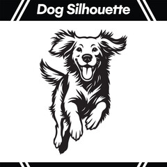 A black and white illustration of a happy, energetic dog running with its tongue out and ears flopping.