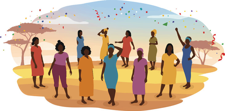 Diverse Group of Women Celebrating Together Outdoors Under a Confetti Sky, Promoting Unity and Joyful Community Spirit.