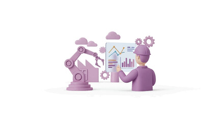 3D Render of Engineer Analyzing Data with Robotic Arm and Factory.