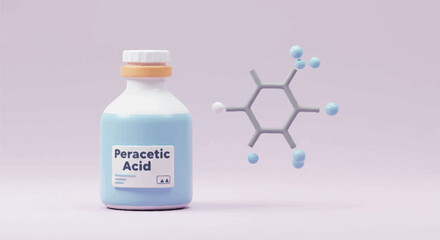 3D Render of Peracetic Acid Bottle with Molecular Structure Isolated.