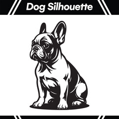 Black and white illustration of a French Bulldog dog silhouette, sitting and looking forward.
