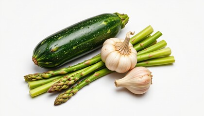 fine botanical art illustrating zucchini, asparagus spear, and garlic bulb placed gently on a white surface, crisp and airy.