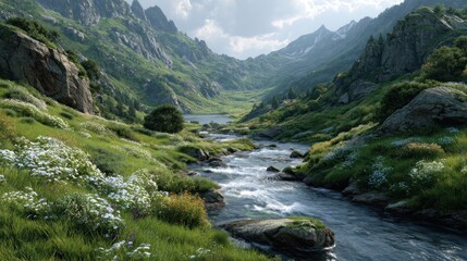 Obraz premium Serene Mountain River Valley Landscape with Lush Greenery and Blooming Wildflowers