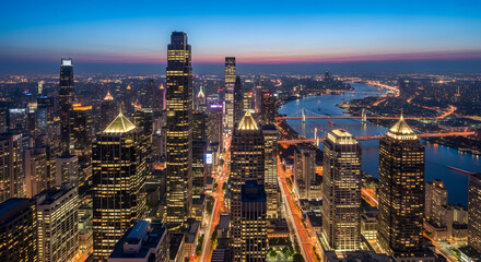 Fototapeta premium An aerial view showcases a modern urban landscape at dusk, where towering skyscrapers illuminate the skyline and roads are glowing with lights creating an awesome visual impression