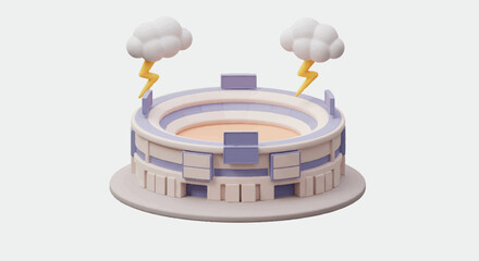 3D Rendered Stadium with Clouds and Lightning Cartoon Style.