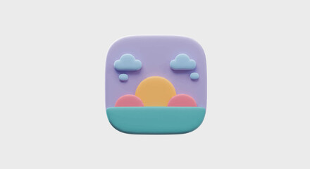 3D Rendered Sunset Icon with Clouds Sun and Water in Pastel Colors.