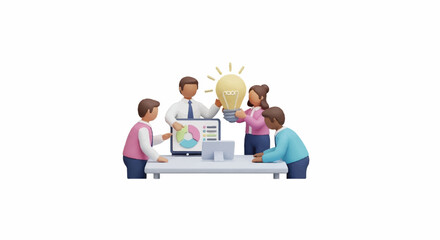 3D Rendered Team Brainstorming with Lightbulb and Presentation Screen.