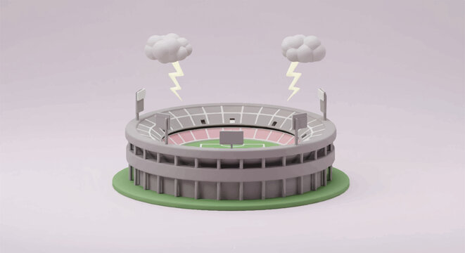 3D Rendered Stadium with Lightning and Cloudy Weather Illustration.