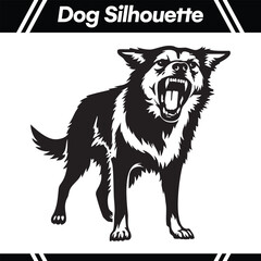 Black and white silhouette of a barking dog, showing aggression.