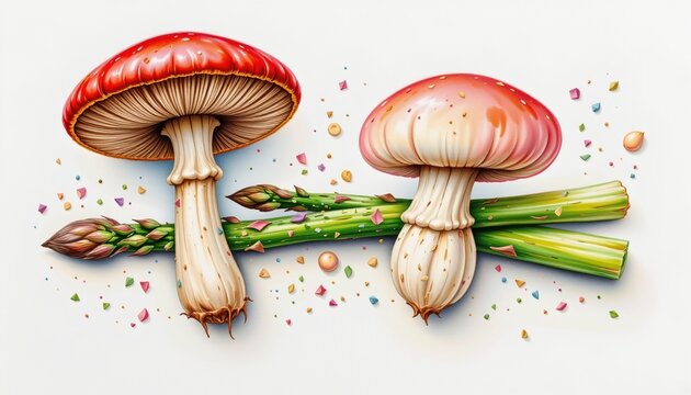 mushroom and asparagus spear separated by white space rendered in delicate watercolor with plenty of negative space. - Powered by Adobe