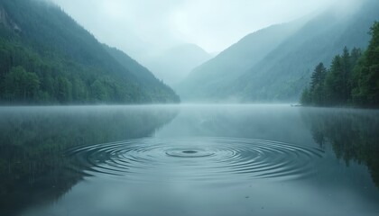 Rainy morning over serene lake with misty mountains. Gentle ripples form on water surface as raindrops fall. Eye-level view captures tranquil, foggy atmosphere with forested hills reflecting in calm