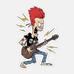Cartoon punk rock guitarist isolated on white background a crazy musician playing electric guitar with red hair, performing on stage, and entertaining the crowd with his music