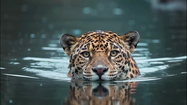 Majestic jaguar head emerging from dark water in Pantanal river