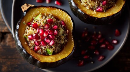 Stuffed acorn squash with quinoa and pomegranate seeds