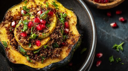 Stuffed acorn squash with quinoa and pomegranate seeds