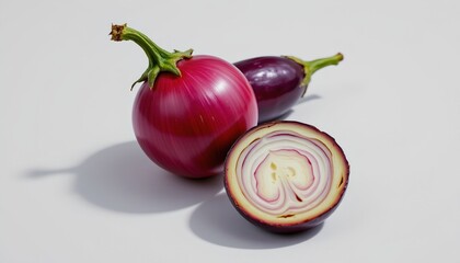 onion and eggplant on white with delicate shadows rendered in vibrant food illustration with plenty of negative space.