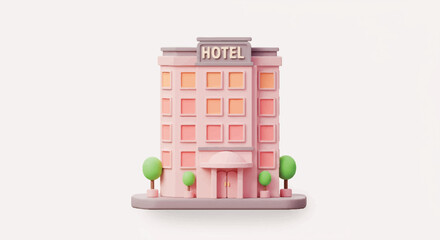 Cartoon Hotel Building with Pink Facade Green Trees and Sign.