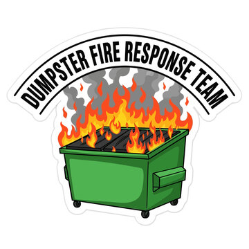 Cartoon dumpster fire logo vector eps, emergency response team badge emblem, green trash container with flames