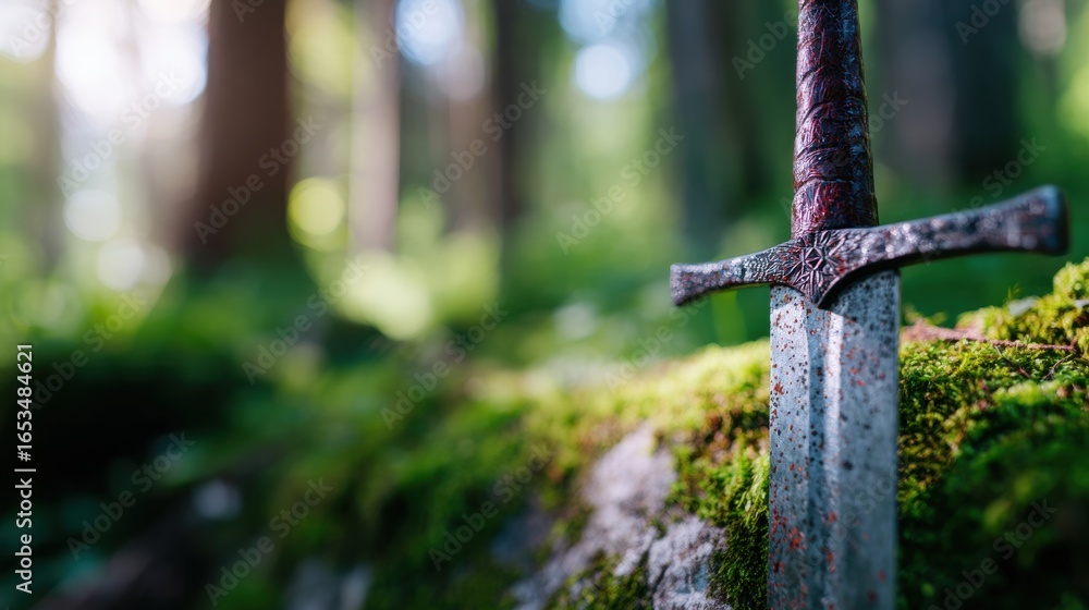 Poster sword resting on moss-covered stone in a tranquil forest setting