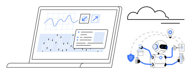 Laptop displaying data graphs, analysis dashboard with robotic assistant managing charts, tasks, and security tools. Ideal for AI automation, data science, machine learning, workflow optimization