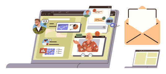 Diverse team engaging via laptop for video calls, messaging, emails, and data sharing. Ideal for teamwork, remote work, communication, virtual interaction, technology business simple flat metaphor
