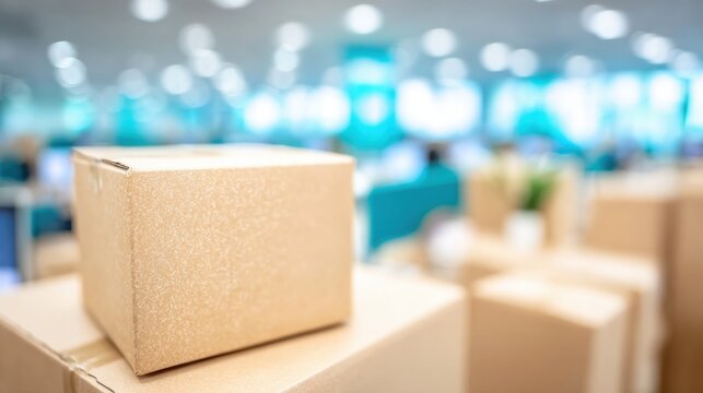 Cardboard boxes stacked in a busy office area during work hours - Powered by Adobe
