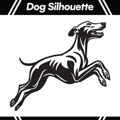 Black and white silhouette of a dog in mid-jump, detailed illustration.