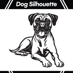 Black and white silhouette of a Bullmastiff dog lying down, detailed illustration.