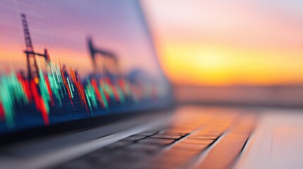 Stock market analysis with financial graphs at sunset in an urban setting