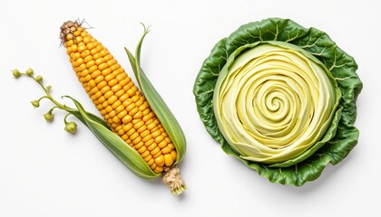 corn cob and cabbage head arranged loosely on white rendered in fine botanical art with plenty of negative space.