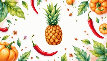 a modern digital watercolor of pumpkin, pineapple, and chili pepper floating above white space, subject not filling the frame.