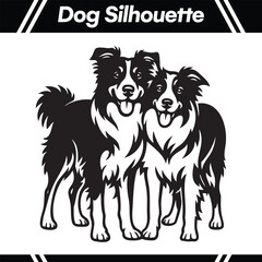 Two Border Collie dogs stand together, depicted in a black and white silhouette.